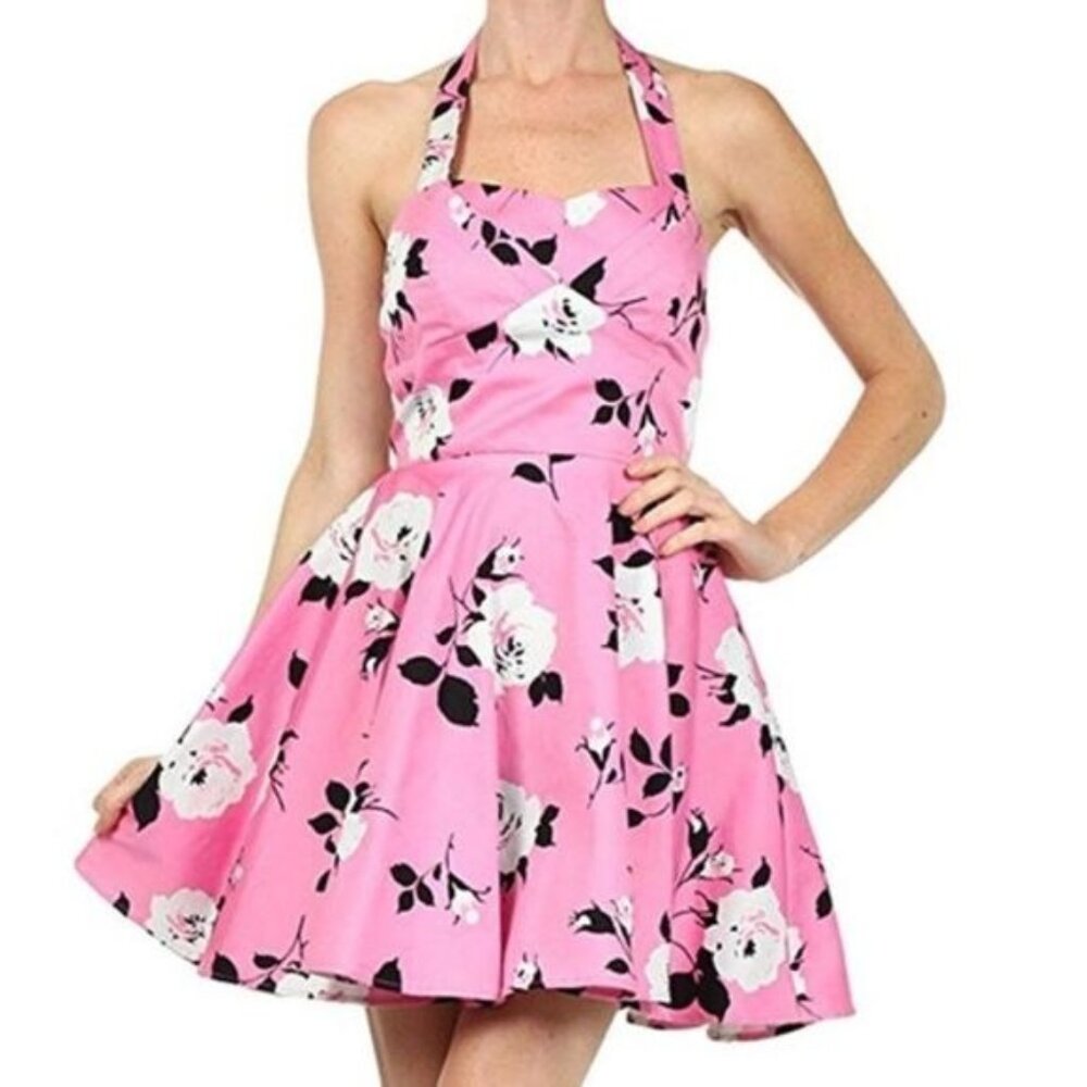 Rockabilly Pink Floral Retro Full Skirt Short A-Line Dress Swing Dance NEW Small